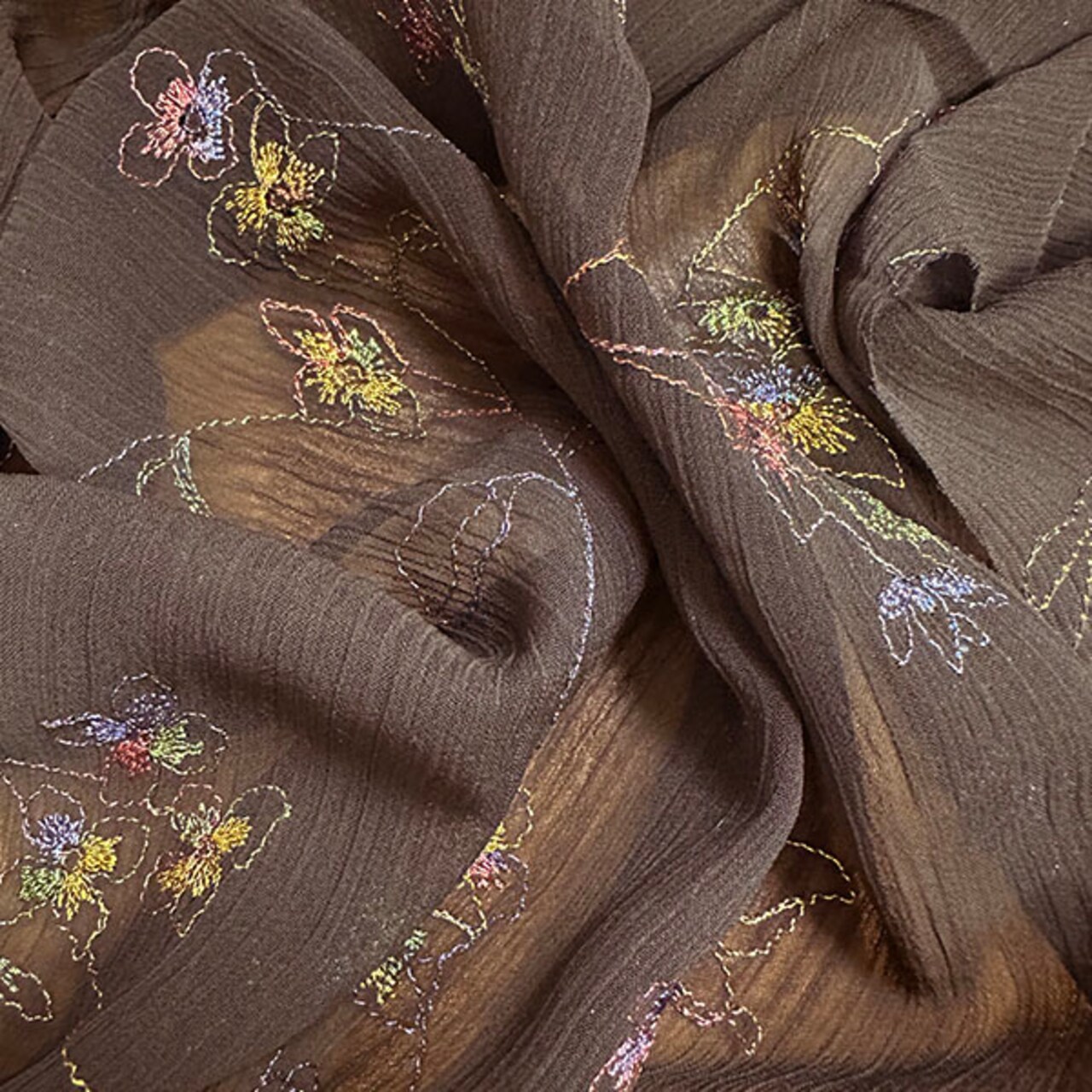 Brown Embroidered Floral Crinkled Poly Chiffon Fabric By the Yard